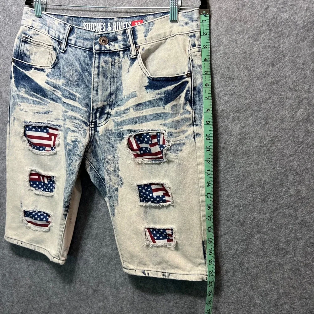 Stitches‎ & Rivets Bleach Wash Denim Shorts American Flag Patches Size 32 Jorts - Picture 5 of 8